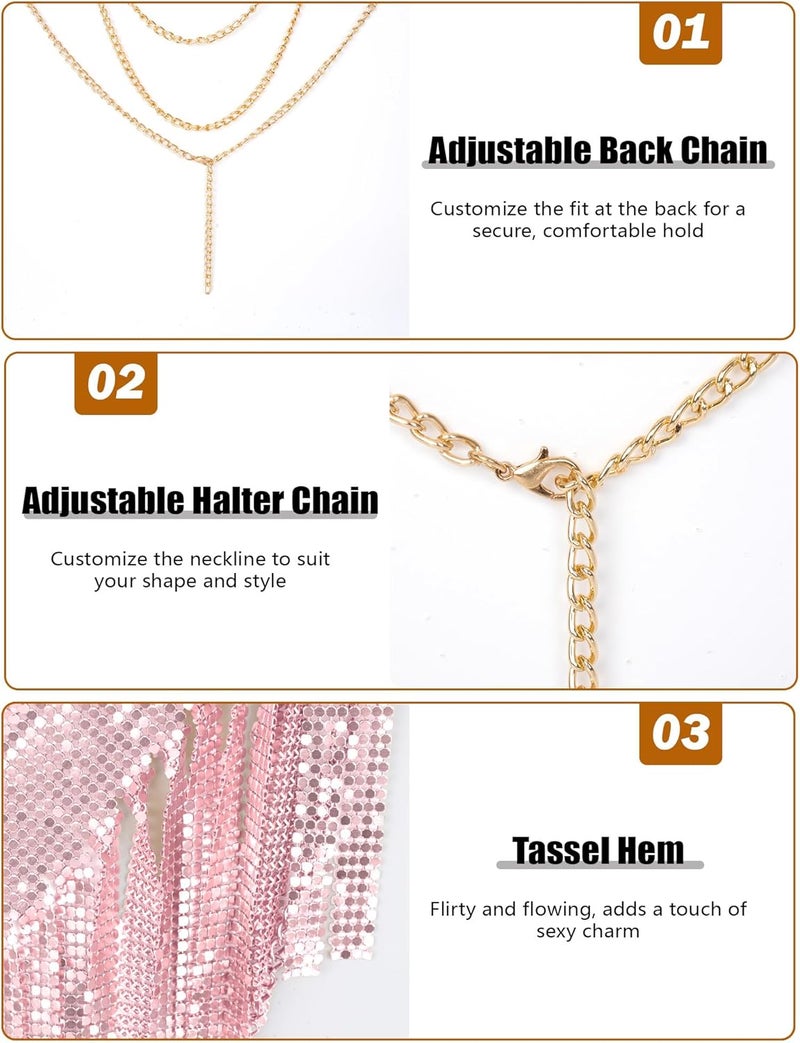 FEOYA Metal Sequins Halter Backless Top Harness Bra Tassel Chest Body Costume Party Nightclub - Image 3